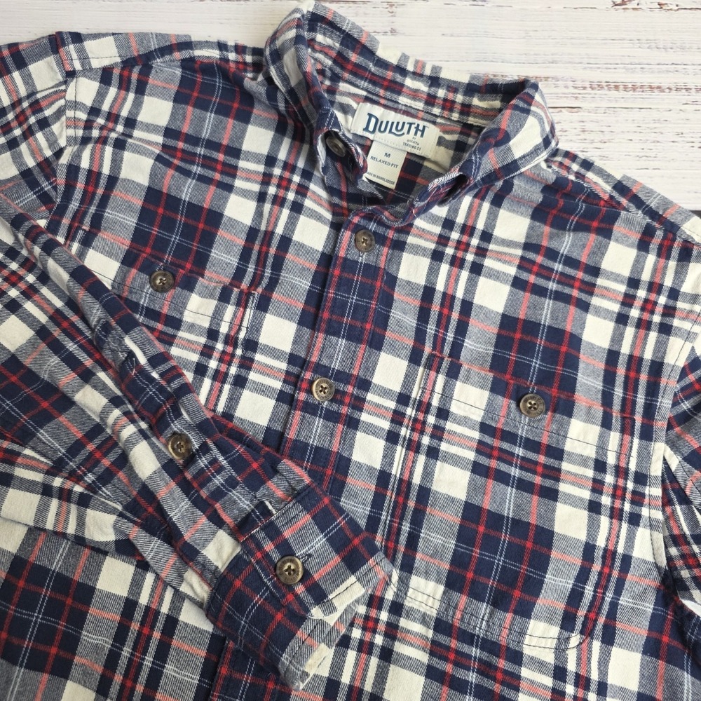 Duluth Trading Free Swingin Flannel Shirt‎ Mens Medium Blue Plaid Cotton Relaxed